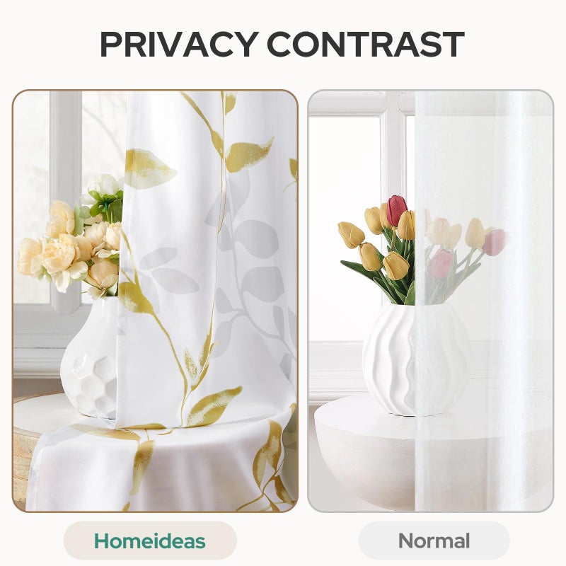 HOMEIDEAS Non-See-Through Gold and White Privacy Sheer Curtains 52 X 63 Inch Length 2 Panels, Leaf Floral Printed Light Filtering Semi Sheer Window Curtains Drapes for Bedroom Living Room - Image 3