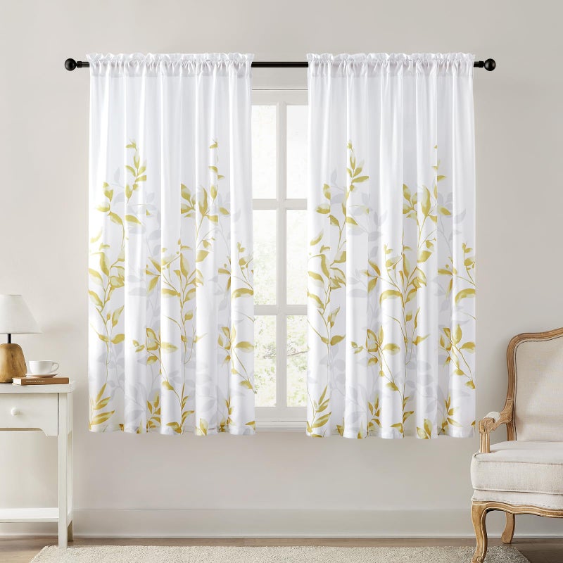 HOMEIDEAS Non-See-Through Gold and White Privacy Sheer Curtains 52 X 63 Inch Length 2 Panels, Leaf Floral Printed Light Filtering Semi Sheer Window Curtains Drapes for Bedroom Living Room - Image 1