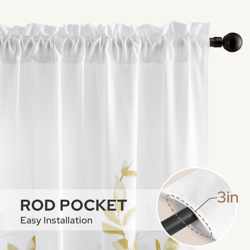 HOMEIDEAS Non-See-Through Gold and White Privacy Sheer Curtains 52 X 63 Inch Length 2 Panels, Leaf Floral Printed Light Filtering Semi Sheer Window Curtains Drapes for Bedroom Living Room - Image 5