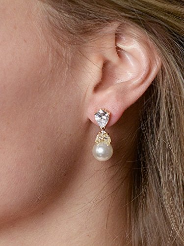 Mariell Cubic Zirconia Pearl Drop Wedding Earrings for Brides, Ivory Bridal Pearl Earrings for Bridesmaid, Gold Pearl Earrings, Jewelry Gift - Image 3