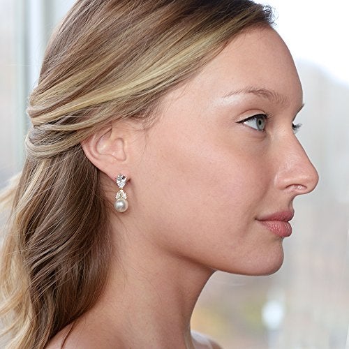 Mariell Cubic Zirconia Pearl Drop Wedding Earrings for Brides, Ivory Bridal Pearl Earrings for Bridesmaid, Gold Pearl Earrings, Jewelry Gift - Image 5