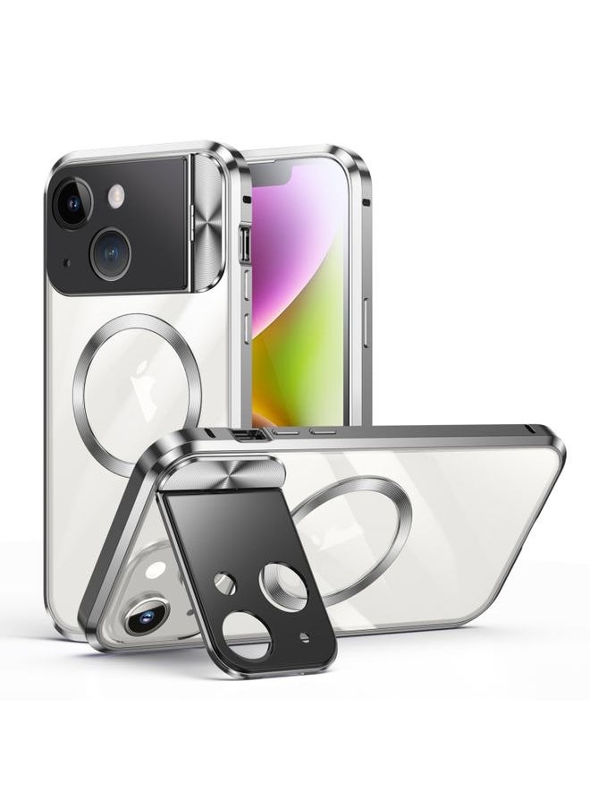 Generic Case Cover For iPhone 13 Large Window Holder MagSafe Magnetic Metal Phone Case Silver 