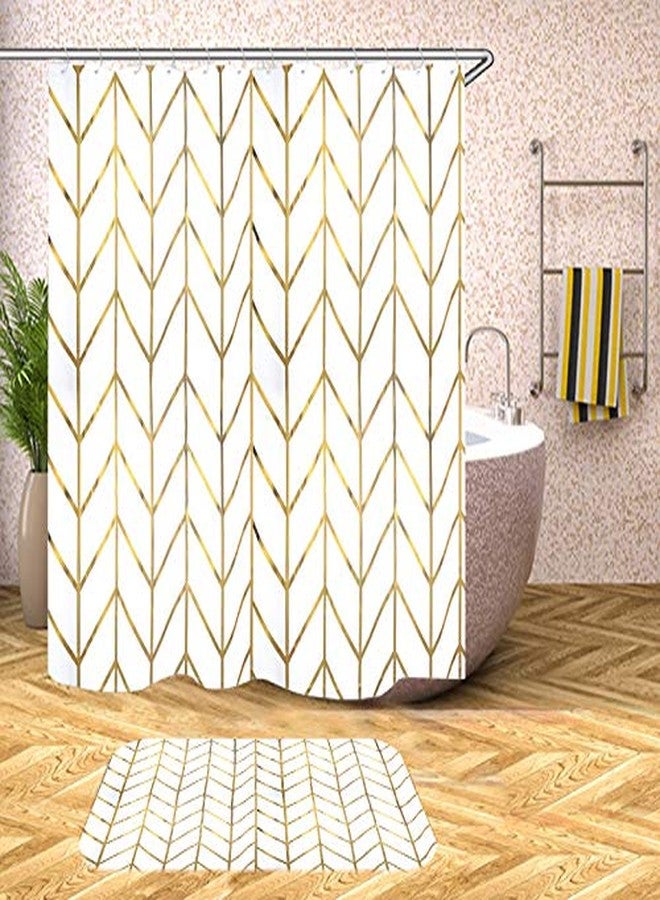 JTMall Shower Curtain with Gold Chevron, Geometric Pattern, Gold Shower Curtain Hooks/Rings, White Fabric, 72" x 72", Bathroom Decor (Golden Stripes) - Image 2