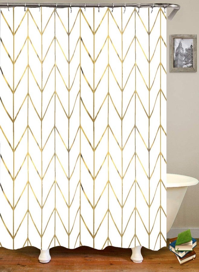JTMall Shower Curtain with Gold Chevron, Geometric Pattern, Gold Shower Curtain Hooks/Rings, White Fabric, 72" x 72", Bathroom Decor (Golden Stripes) - Image 1