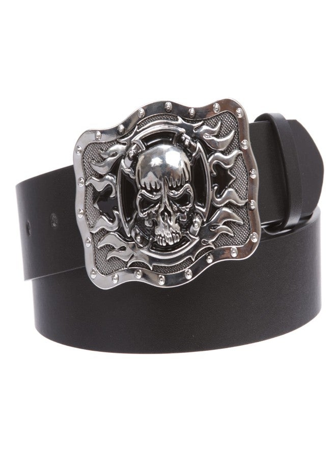 Beltiscool 1 1/2" Snap On Western Rectangular Skull Flame Cross Buckle With Plain Belt, Black | xl - 38"~40"