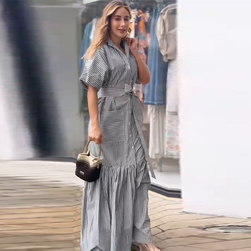 Women'S Lapel Short Sleeve Fashion Striped Loose Dress - Image 1