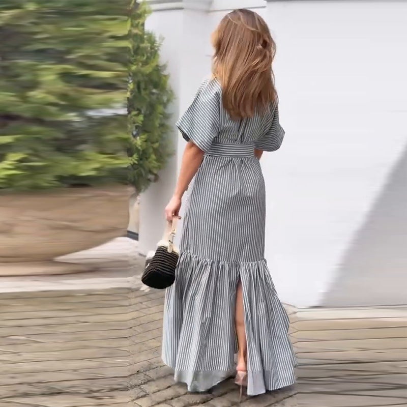 Women'S Lapel Short Sleeve Fashion Striped Loose Dress - Image 5