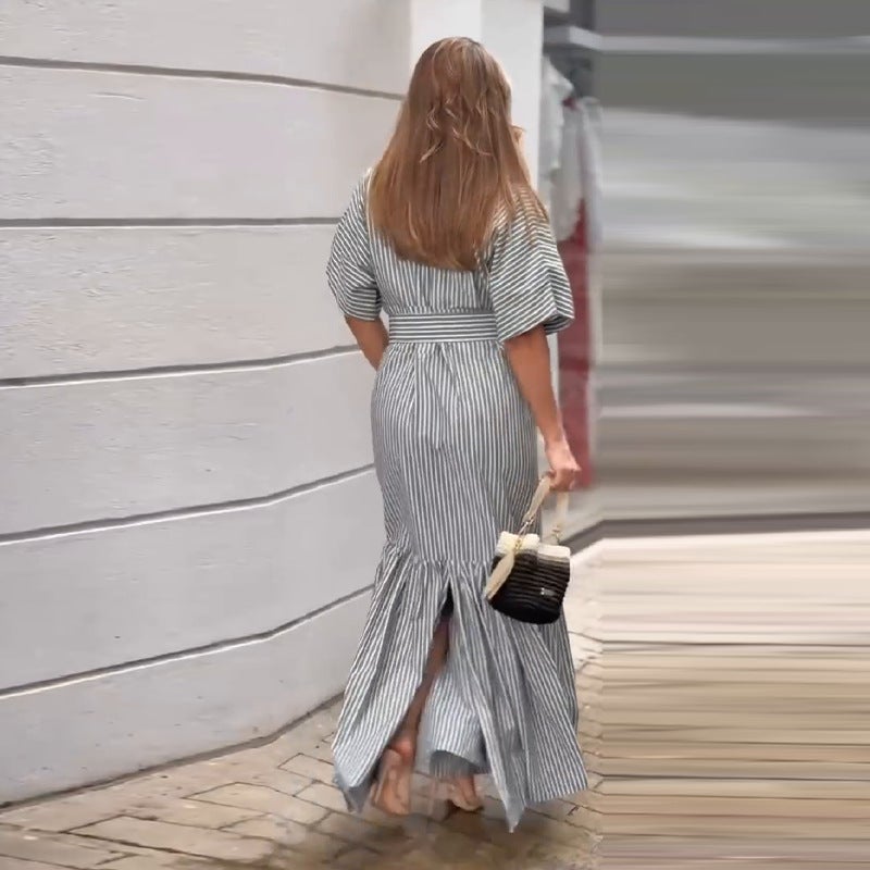 Women'S Lapel Short Sleeve Fashion Striped Loose Dress - Image 4