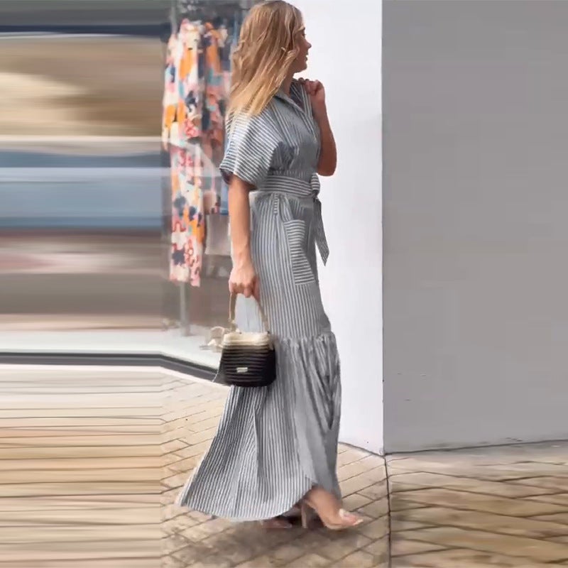 Women'S Lapel Short Sleeve Fashion Striped Loose Dress - Image 3