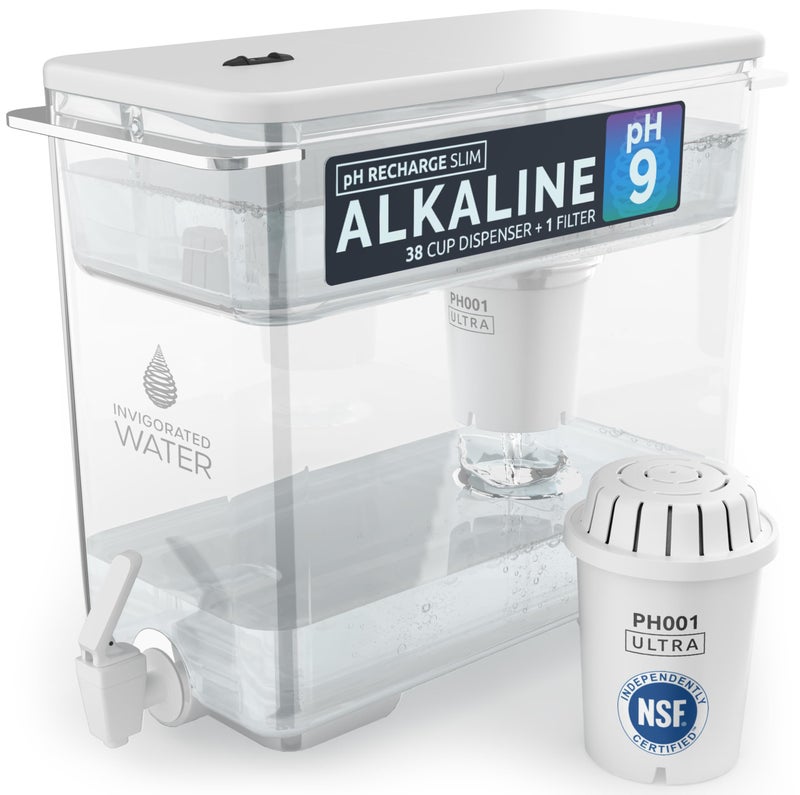 Invigorated Water  Compact Alkaline Countertop Water Filter Dispenser 38Cup Capacity Mineralized Alkaline Water BPAFree 96 GallonsFilter White 1 NSF Filters Included