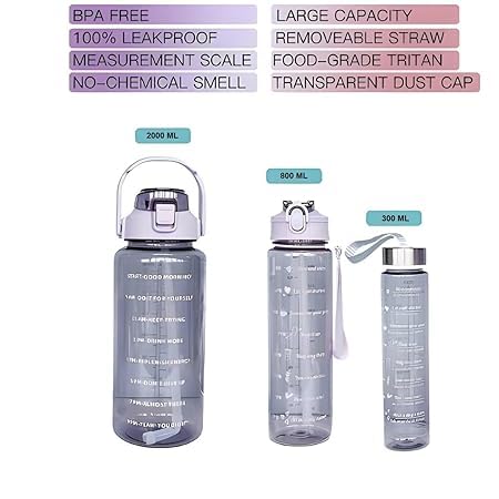 KACHKIT Set of 3 Transparent Water Bottle 2000ML 900ML 300ML with Motivational Time Marker Leakproof Durable Sipper Water bottle for office School Sports Gym Multicolor - Image 2