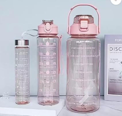 KACHKIT Set of 3 Transparent Water Bottle 2000ML 900ML 300ML with Motivational Time Marker Leakproof Durable Sipper Water bottle for office School Sports Gym Multicolor - Image 1