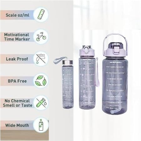KACHKIT Set of 3 Transparent Water Bottle 2000ML 900ML 300ML with Motivational Time Marker Leakproof Durable Sipper Water bottle for office School Sports Gym Multicolor - Image 5