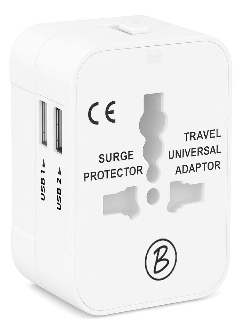 Btag Universal Travel Adapter All in One Worldwide, Travel Adapter USB Ports with Multi Type Power Outlet (2U - USB 2.1A,100-240) Voltage (White) - Image 1