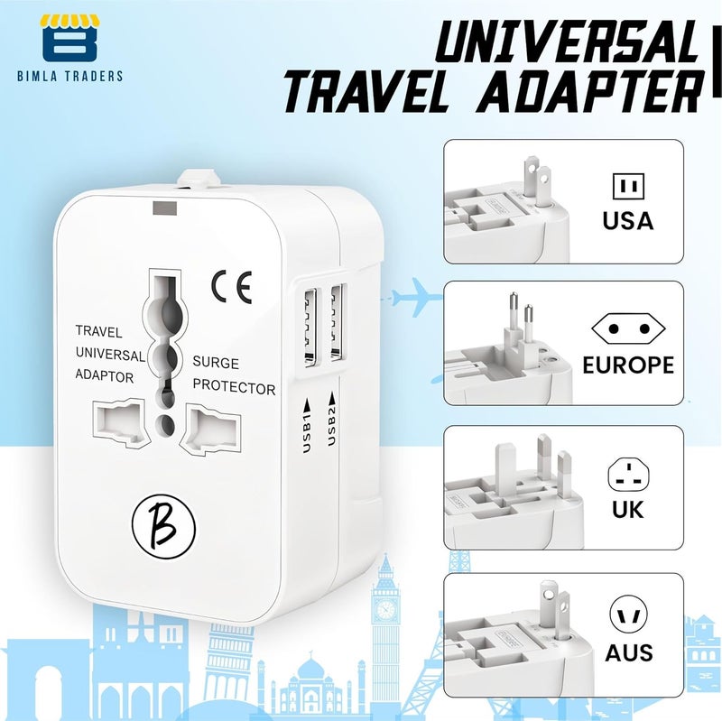 Btag Universal Travel Adapter All in One Worldwide, Travel Adapter USB Ports with Multi Type Power Outlet (2U - USB 2.1A,100-240) Voltage (White) - Image 2