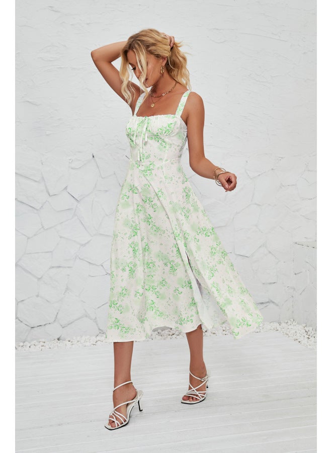 SPRING Summer Straps European And American Women's Fashion Floral Print Pastoral Long Elegant Dress - Image 1