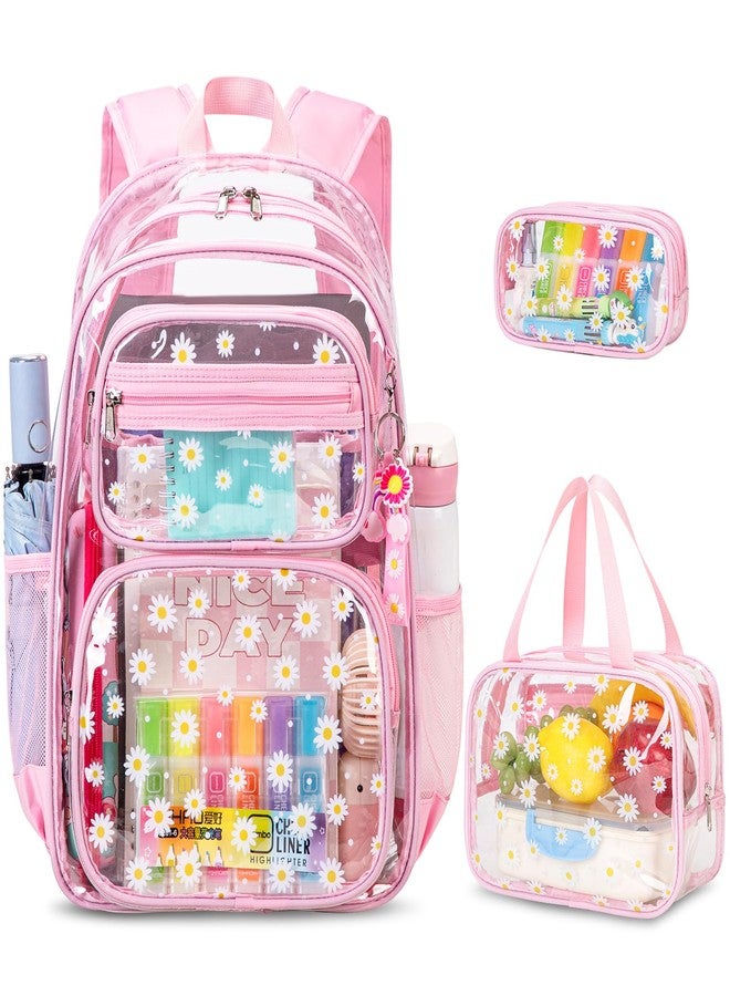 ACESAK Clear Backpack for Boys Girls - 3 Pcs Clear Heavy Duty with Lunch Bag - See Through Backpack Stadium Approved, Pink Daisy, Large, Backpack - Image 1