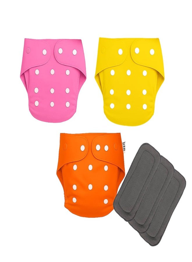Softlia Reusable Cloth Diapers for Babies | Washable & Eco-Friendly Baby Nappies | Adjustable Leak-Proof Cloth Diaper Set with Soft Inserts (3, Pink,Yellow&Orange, Free Size) - Image 2