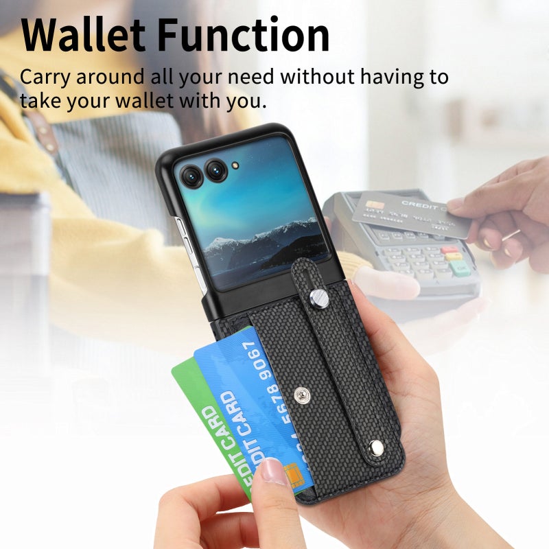 BURAQ Case Cover For Motorola Razr 40 Ultra Wristband Kickstand Card Wallet Back Cover Phone Case(Black) - Image 5