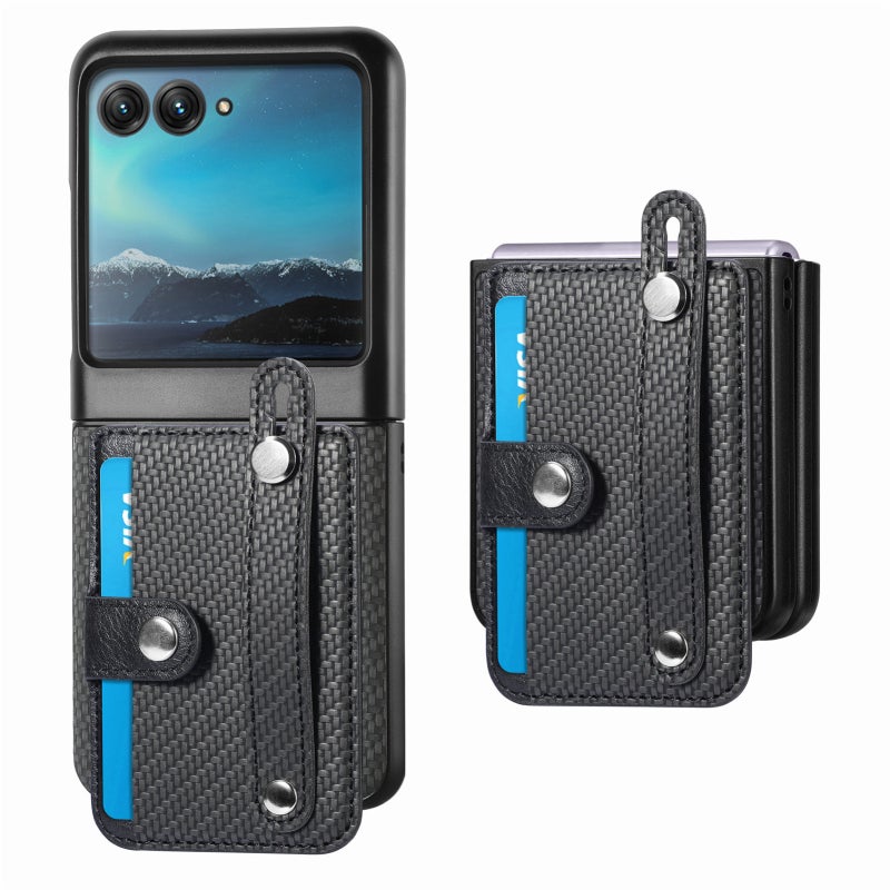 BURAQ Case Cover For Motorola Razr 40 Ultra Wristband Kickstand Card Wallet Back Cover Phone Case(Black) - Image 1