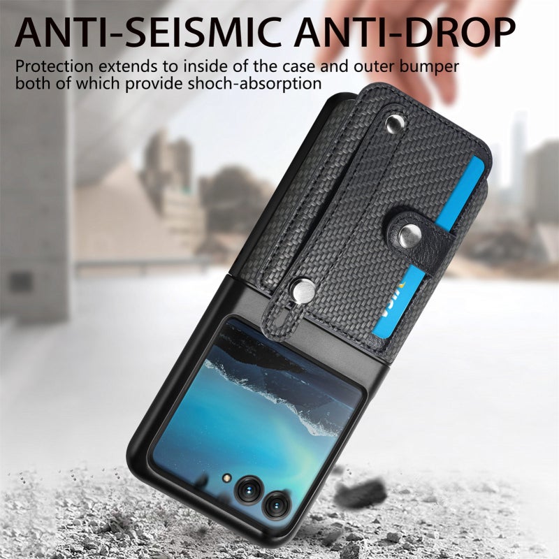 BURAQ Case Cover For Motorola Razr 40 Ultra Wristband Kickstand Card Wallet Back Cover Phone Case(Black) - Image 4