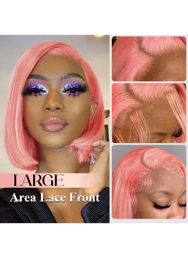 Fancy Hair Ancy Hair Pink Bob Human Hair Wig 13X4 Hd Lace Front Wigs Pre Plucked Straight Short Bob Wig With Baby Hair Glueless Bob Wig For Black Women 10 Inch(180% Density Pink)  - Image 3