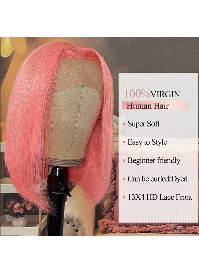 Fancy Hair Ancy Hair Pink Bob Human Hair Wig 13X4 Hd Lace Front Wigs Pre Plucked Straight Short Bob Wig With Baby Hair Glueless Bob Wig For Black Women 10 Inch(180% Density Pink)  - Image 4