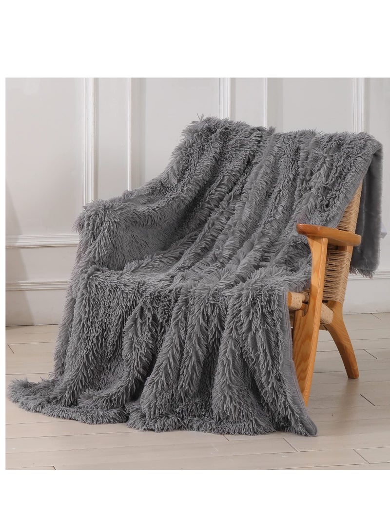 Cozy Extra Soft Faux Fur Throw Blanket 50" x 63", Lightweight Reversible Long Hair Fuzzy Plush Mink Fleece for Couch, Sofa, and Bed - Grey Color, Perfect for Comfort and Style.  - Image 1