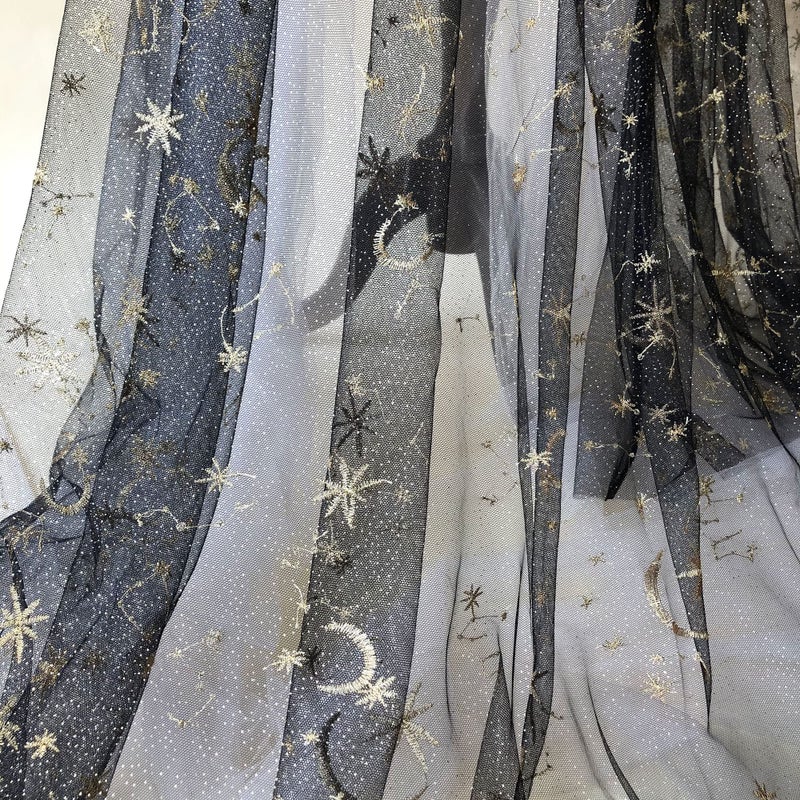 gelvs Golden Star Lace Fabric by The Yard Embroidery Stars Moon Black Lace Tulle Fabric for Celestial Costume Home Decoration - Image 3