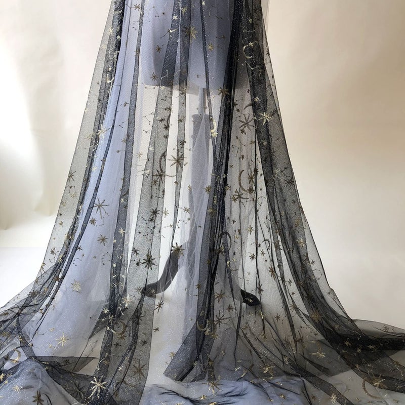 gelvs Golden Star Lace Fabric by The Yard Embroidery Stars Moon Black Lace Tulle Fabric for Celestial Costume Home Decoration - Image 1