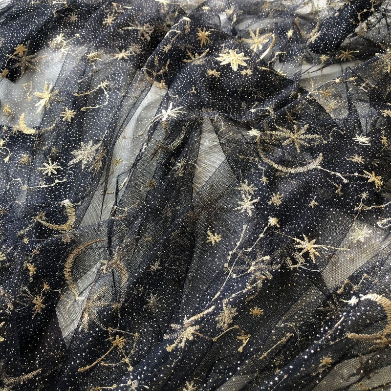 gelvs Golden Star Lace Fabric by The Yard Embroidery Stars Moon Black Lace Tulle Fabric for Celestial Costume Home Decoration - Image 5