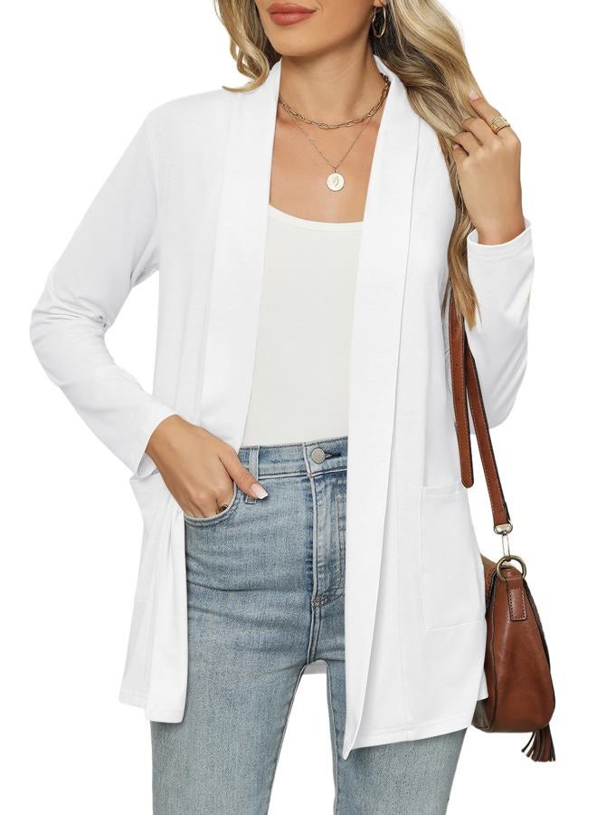 Micoson Long Sleeve Lightweight Thin 2025 Summer Cardigan for Women Casual Loose Fit Kimono Cover Up with Pockets, White, L - Image 1