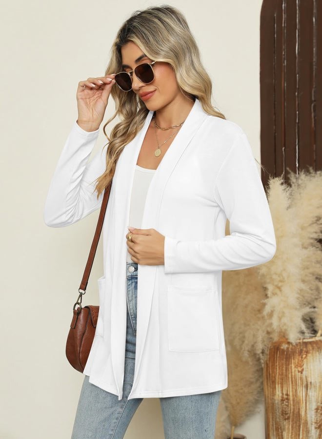 Micoson Long Sleeve Lightweight Thin 2025 Summer Cardigan for Women Casual Loose Fit Kimono Cover Up with Pockets, White, L - Image 3