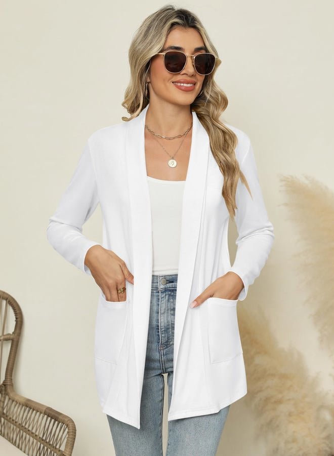 Micoson Long Sleeve Lightweight Thin 2025 Summer Cardigan for Women Casual Loose Fit Kimono Cover Up with Pockets, White, L - Image 4