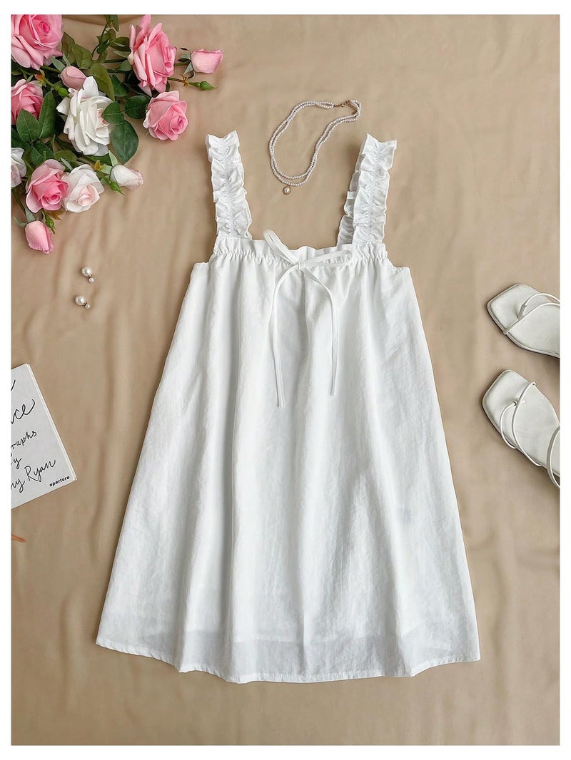 OYOANGLE Women's Wide Strap Frill Trim Sleeveless A Line Bow Tank Dress Summer Babydoll Sundress White Medium - Image 5
