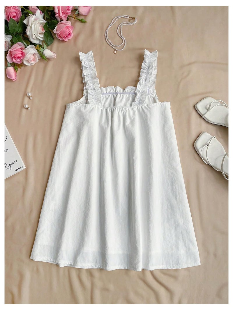 OYOANGLE Women's Wide Strap Frill Trim Sleeveless A Line Bow Tank Dress Summer Babydoll Sundress White Medium - Image 3