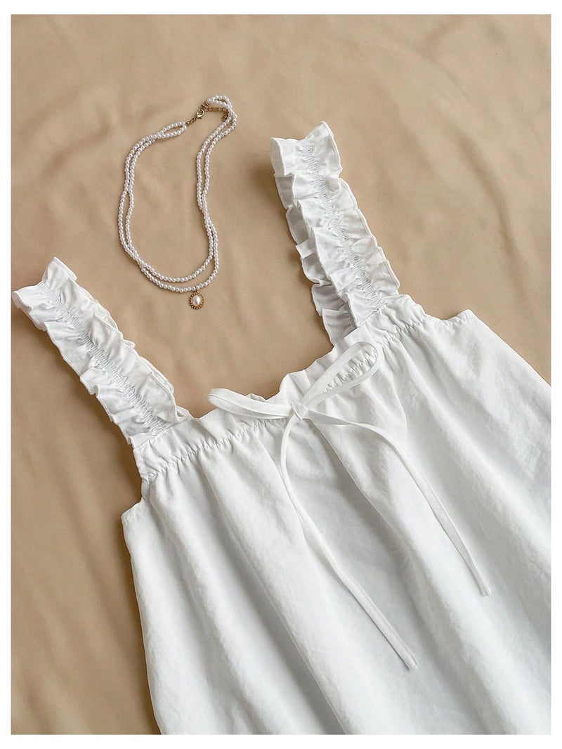 OYOANGLE Women's Wide Strap Frill Trim Sleeveless A Line Bow Tank Dress Summer Babydoll Sundress White Medium - Image 2