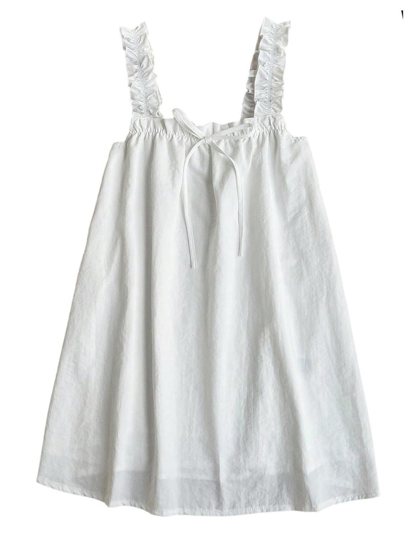 OYOANGLE Women's Wide Strap Frill Trim Sleeveless A Line Bow Tank Dress Summer Babydoll Sundress White Medium - Image 1