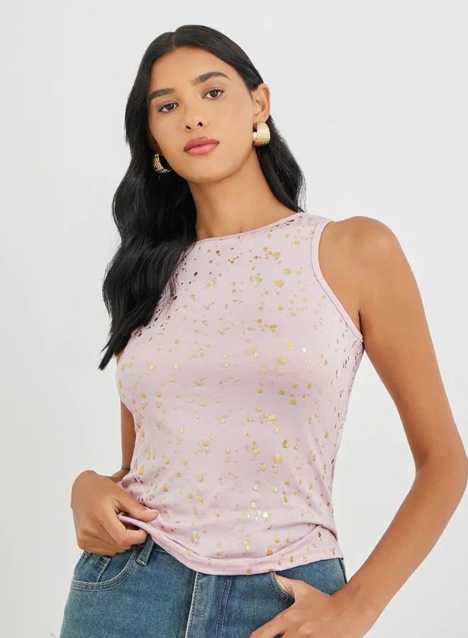 تايك تو Take Two Printed Round Neck Cami Top