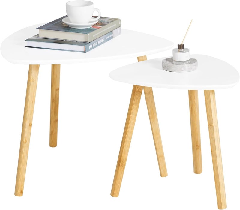سو باي SoBuy طاولات خدمة طاولة خدمة Coffee Table Corner Tables Set of Stacking Round Side Tables with White MDF Top & Bamboo, for Small Spaces, Living Room, Bedroom, Office, ركن قهوة خشبي FBT74-W - Image 1