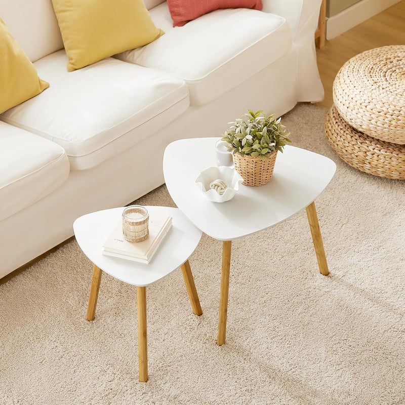سو باي SoBuy طاولات خدمة طاولة خدمة Coffee Table Corner Tables Set of Stacking Round Side Tables with White MDF Top & Bamboo, for Small Spaces, Living Room, Bedroom, Office, ركن قهوة خشبي FBT74-W - Image 2