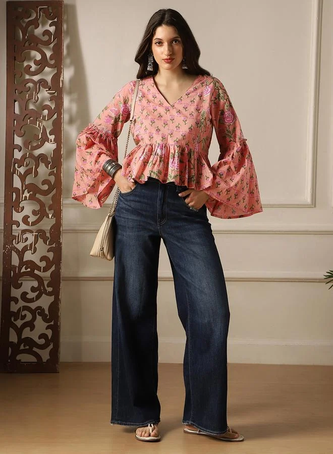 globus Bell Sleeves Floral Print Paneled Peplum Tunic