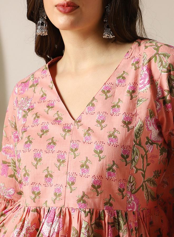 globus Bell Sleeves Floral Print Paneled Peplum Tunic - Image 4