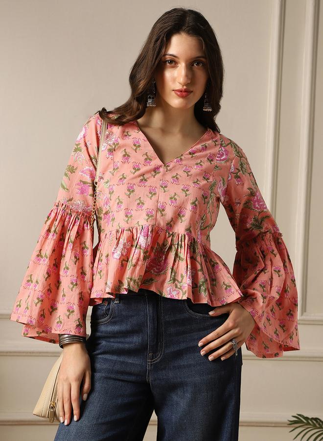 globus Bell Sleeves Floral Print Paneled Peplum Tunic - Image 1