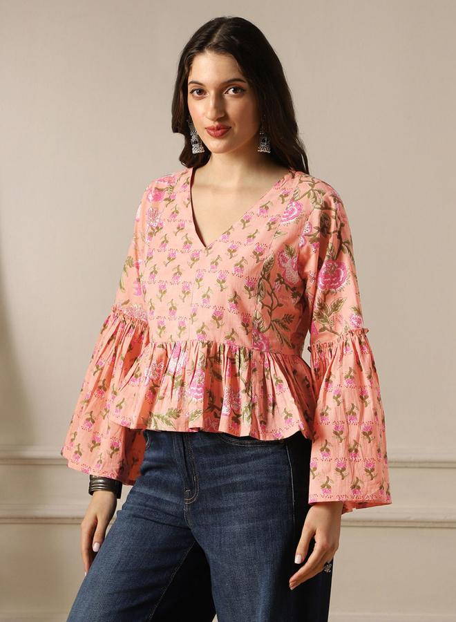globus Bell Sleeves Floral Print Paneled Peplum Tunic - Image 2