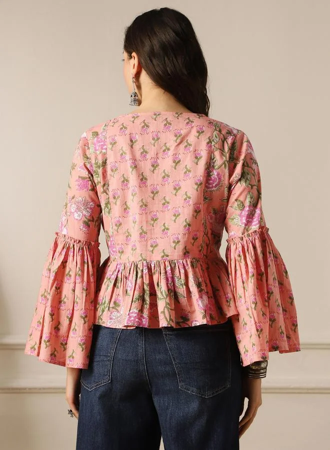 globus Bell Sleeves Floral Print Paneled Peplum Tunic