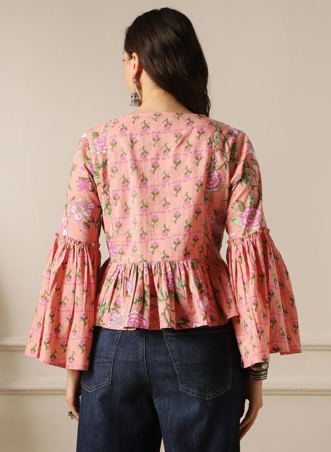 globus Bell Sleeves Floral Print Paneled Peplum Tunic - Image 3