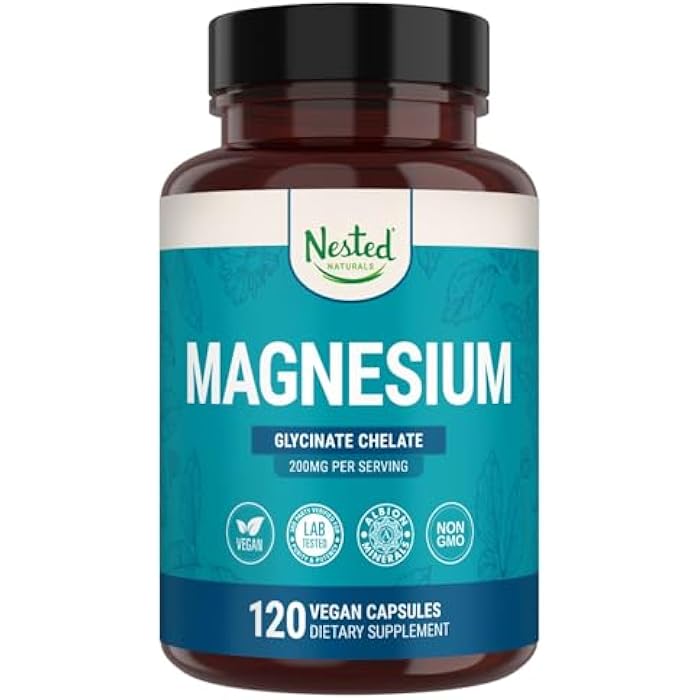 Nested Naturals Magnesium Glycinate Chelate - 200mg Chelated Magnesium Supplement for Muscle Cramps, Relaxation, & Sleep Support - 100% Albion TRACCS Buffered Magnesium Glycinate - 120 Vegan Capsules - Image 1