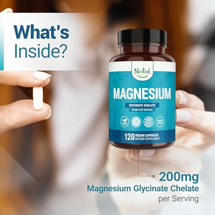 Nested Naturals Magnesium Glycinate Chelate - 200mg Chelated Magnesium Supplement for Muscle Cramps, Relaxation, & Sleep Support - 100% Albion TRACCS Buffered Magnesium Glycinate - 120 Vegan Capsules - Image 4