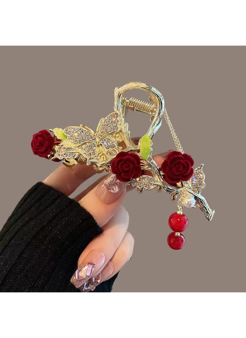 Generic Vintage Lily Tassel Hair Claw Clip Floral Shark Clip F69 three rose butterfly 
